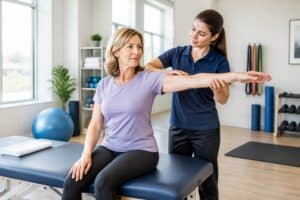 Eine Physiotherapeutin begleitet einen Patienten bei einer Schulterübung in einem Behandlungsraum.
